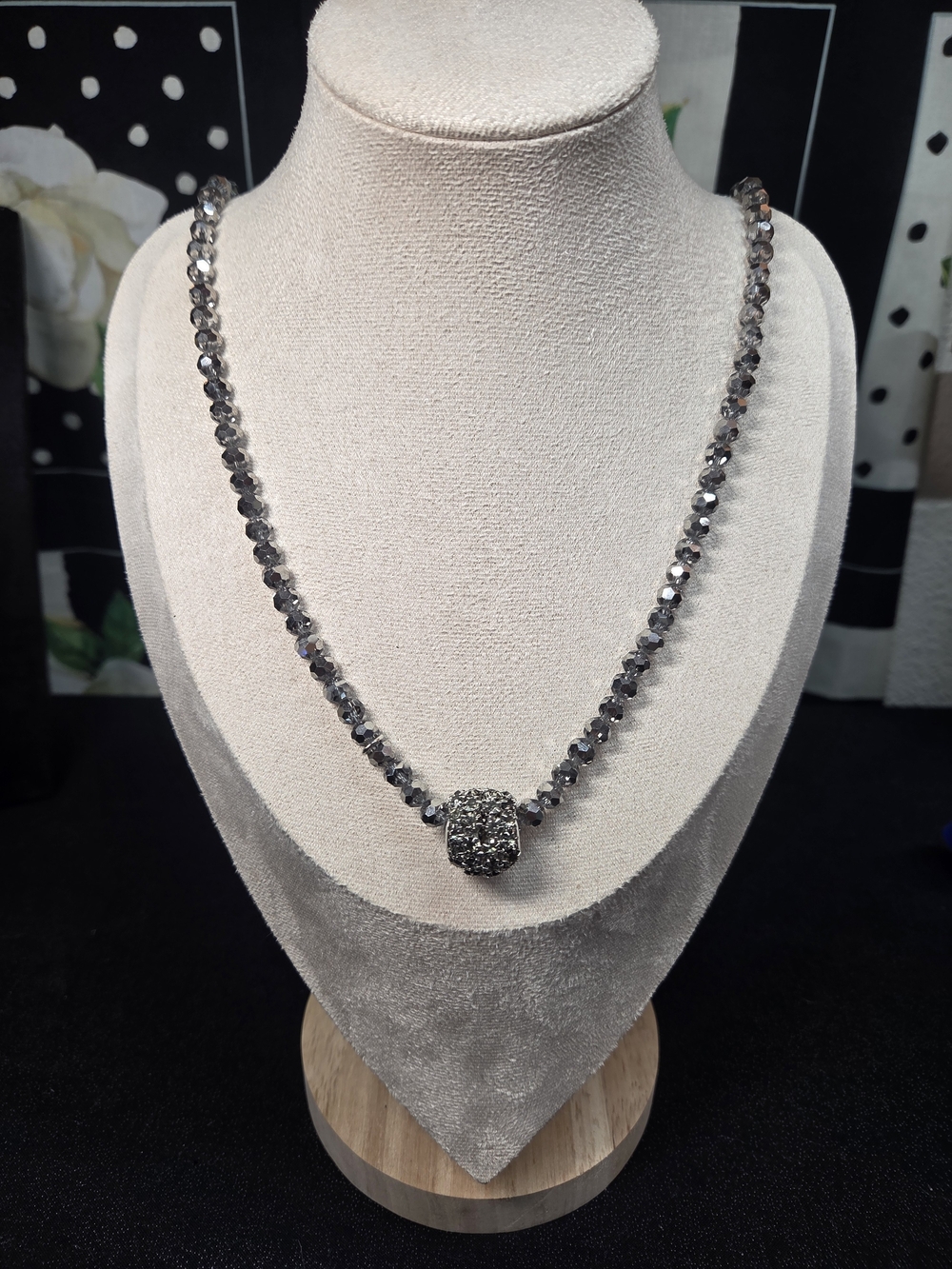 Chico's Smoky Gray Crystal Necklace with Pave Cube Pendant
